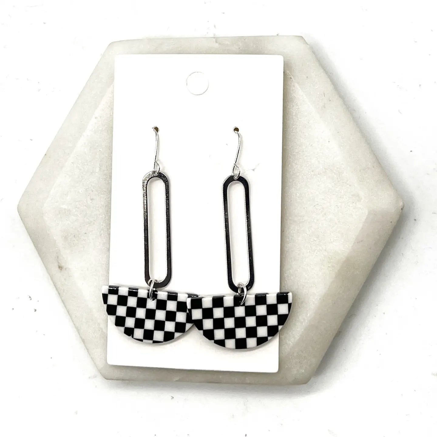 BLACK & WHITE CHECKERED PRINT SILVER SWING ACRYLIC HALF CIRCLE STATEMENT HANDMADE BBB EARRINGS