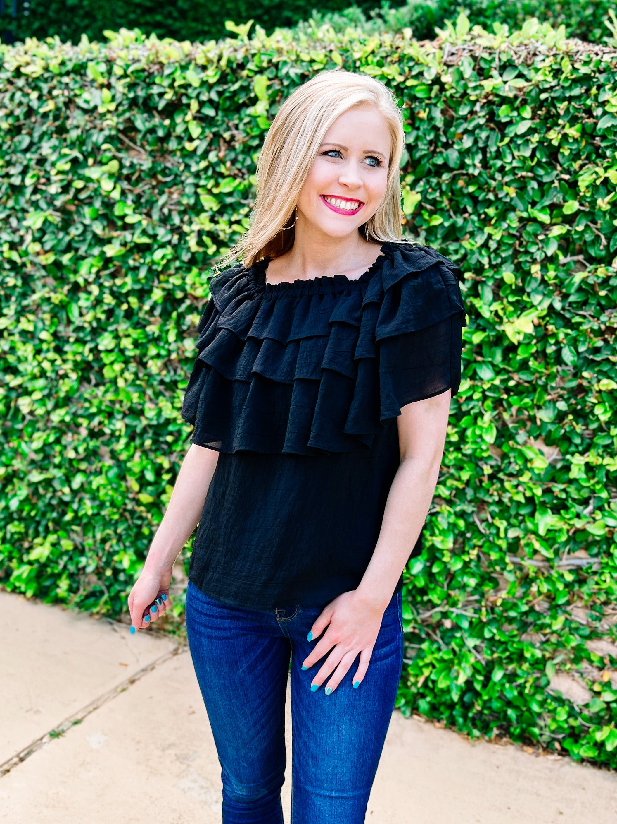 Black Ruffle Off/On Shoulder Top