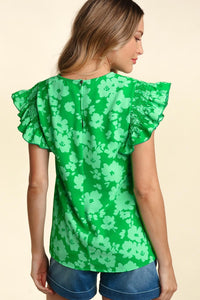 KELLY GREEN SMOCKED RUFFLE FRILLY SHORT SLEEVE FLORAL WOVEN BLOUSE