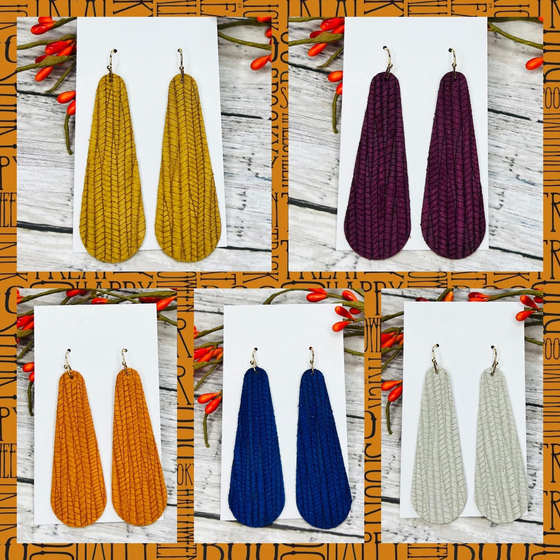 TEXTURED LONG DIAMOND TEARDROP LEATHER HANDMADE EARRINGS BY B.O.D