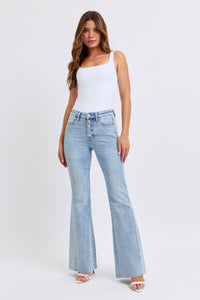 MID RISE RHINESTONE LIGHT WASH SIDE PANEL DETAIL FLARE DENIM JUDY BLUE