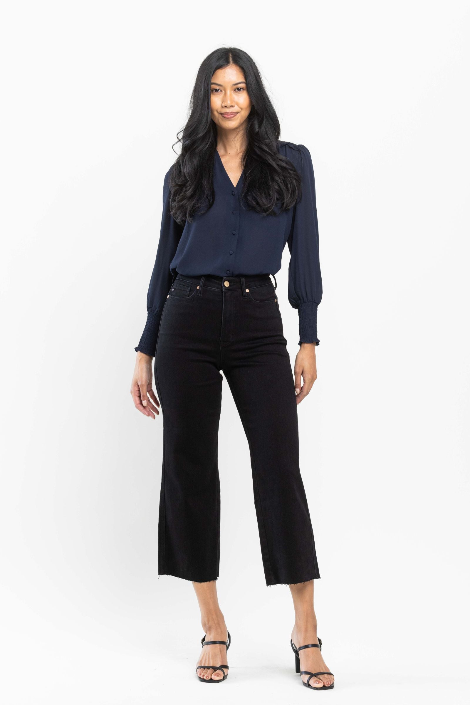 JUDY BLUE HIGH WAIST TUMMY CONTROL BLACK WIDE CROP LEG DENIM-PLUS