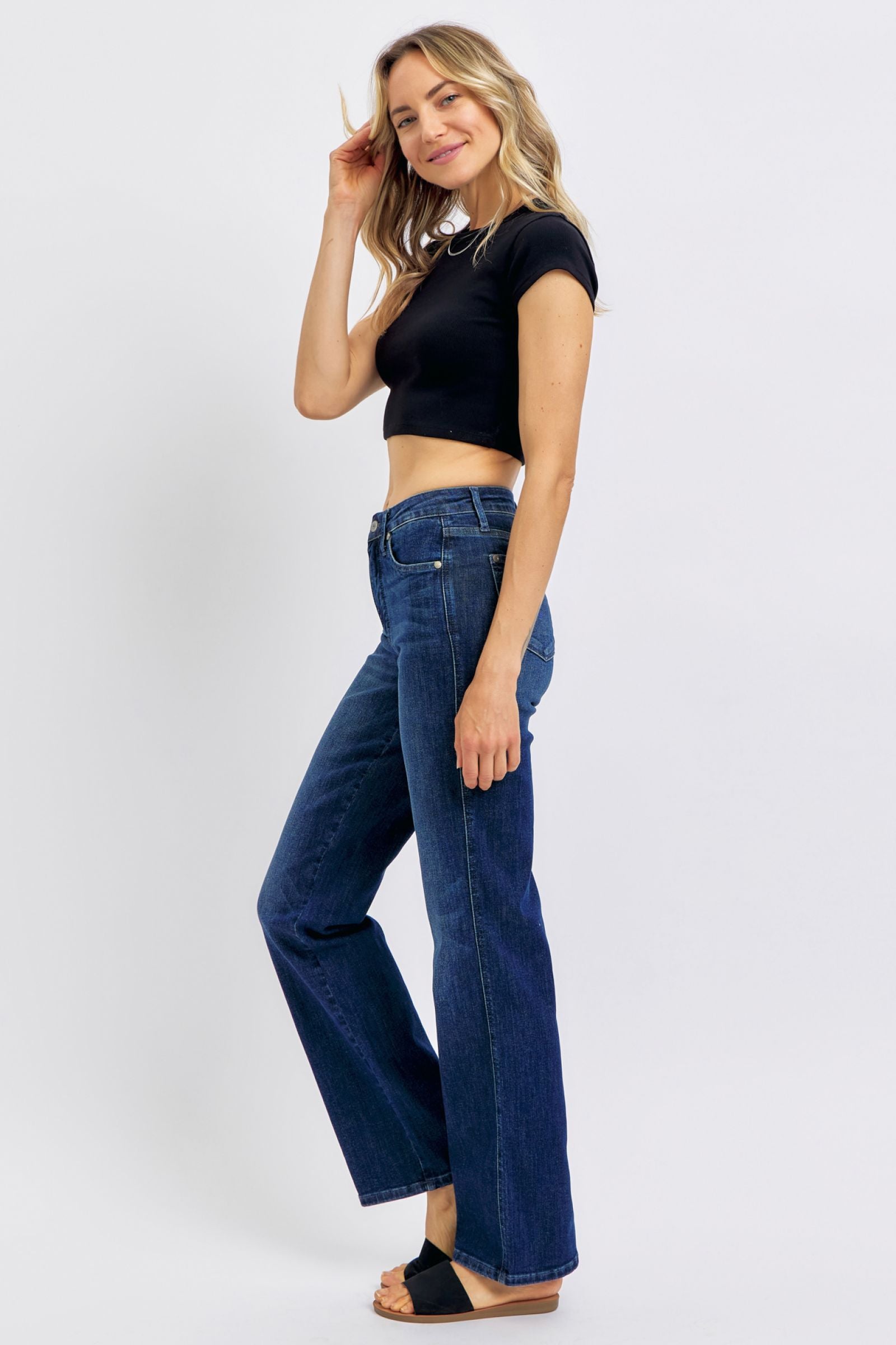 JUDY BLUE MID RISE TUMMY CONTROL CLASSIC STRAIGHT DARKWASH DENIM-PLUS