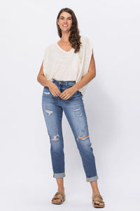 LIGHT WASH HIGH WAIST CUFFED BOYFRIED WITH DESTROY JUDY BLUE DENIM-PLUS