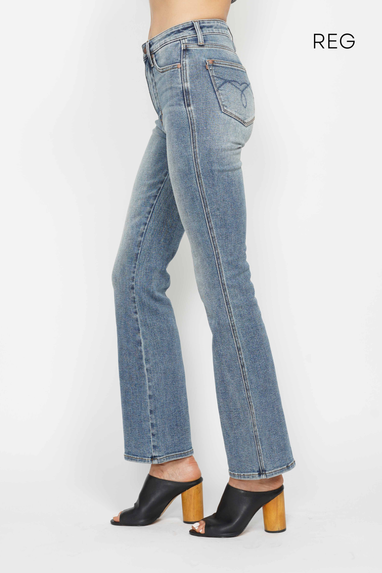 *SHORT INSEAM* HIGH WAIST TUMMY CONTROL MEDIUM WASH BACK POCKET EMBROIDERY BOOTCUT JUDY BLUE DENIM