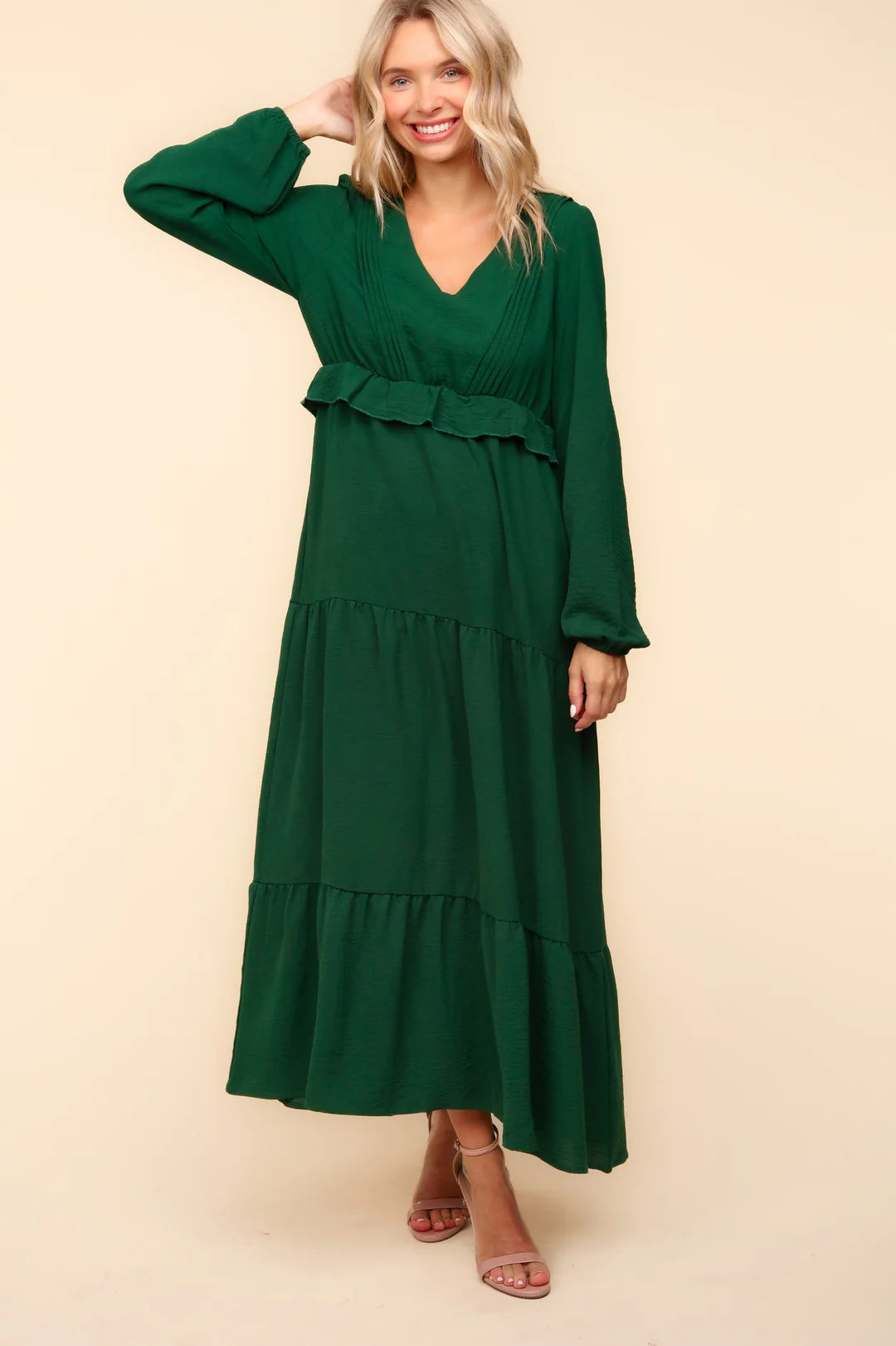 HUNTER GREEN VNECK PINTUCK DETAIL SOLID WOVEN MAXI DRESS-PLUS