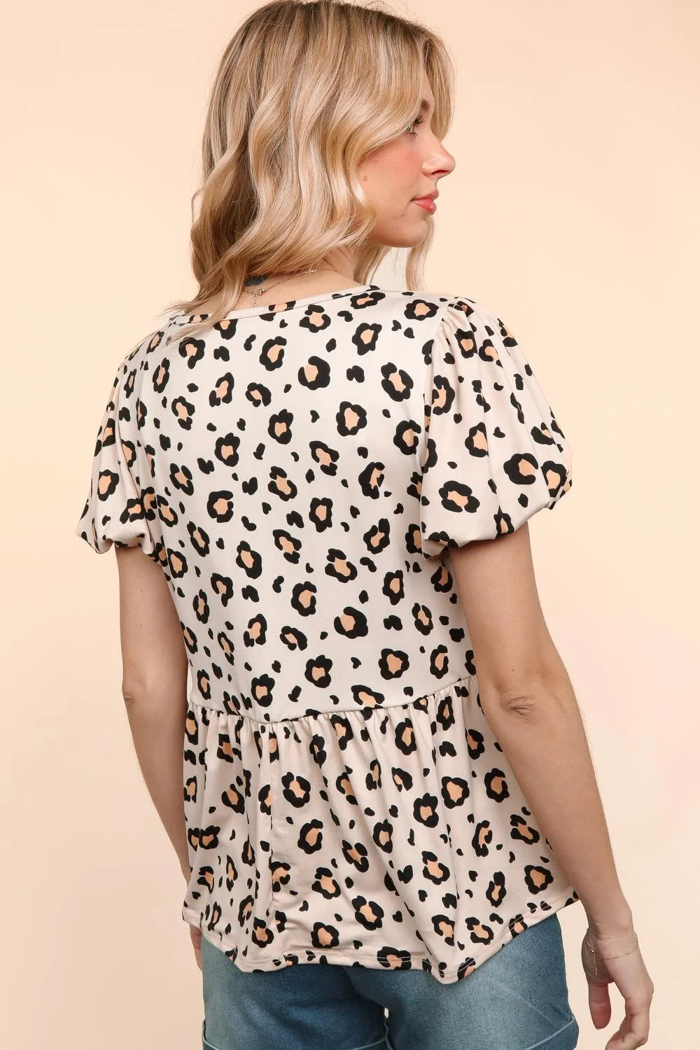 BEIGE BROWN ANIMAL FRONT RIBBONS BOW TIE BABYDOLL KNIT TOP-PLUS