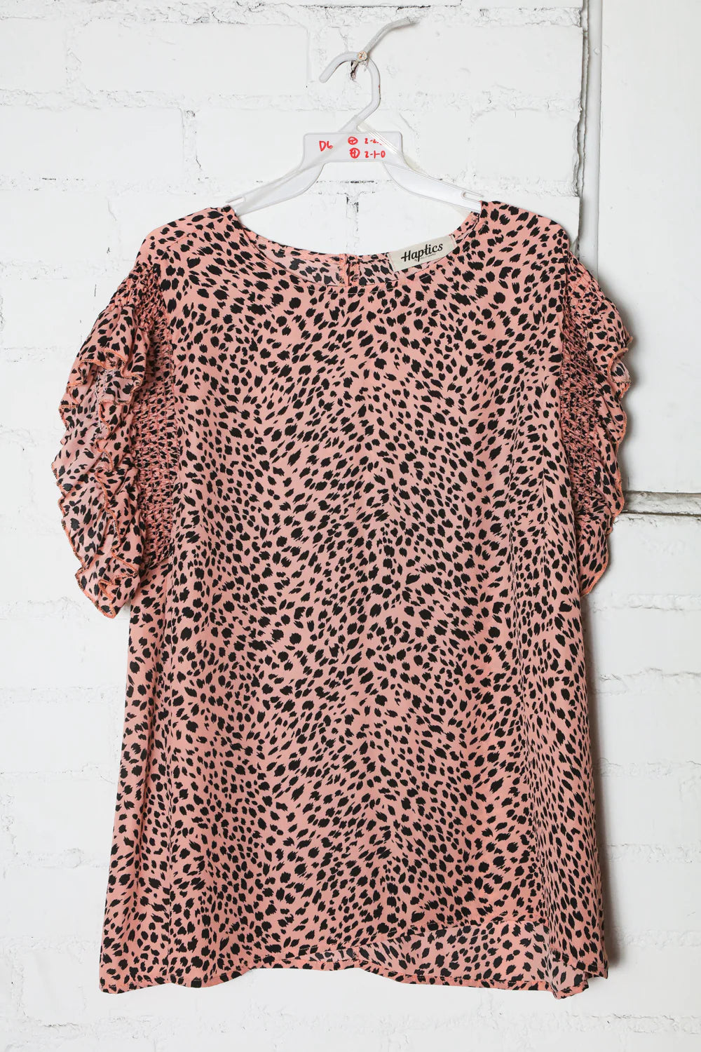 MAUVE PINK BLACK ANIMAL LEOPARD PRINT RUFFLE SMOCKED SLEEVE TOP- PLUS- SALE
