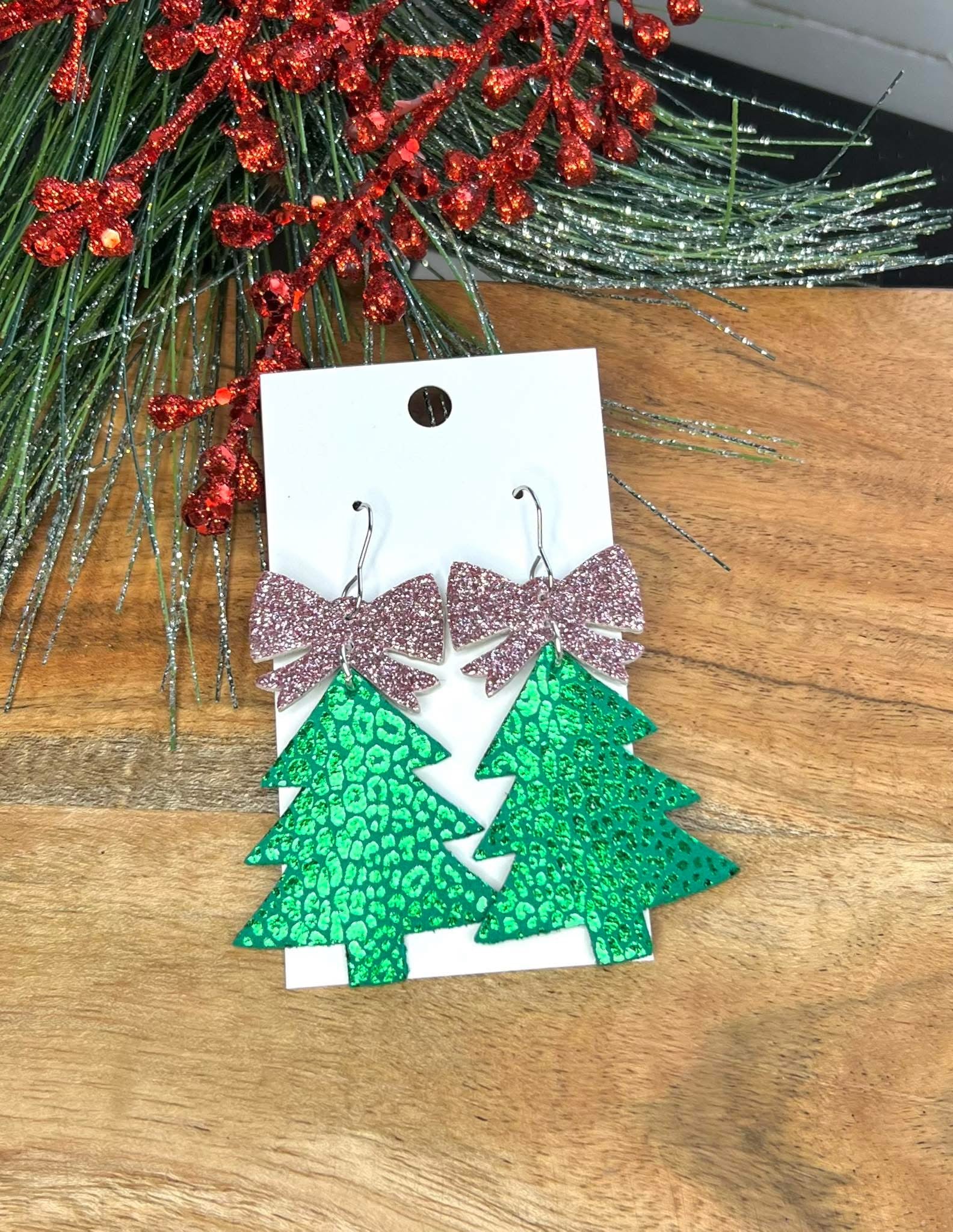 GREEN METALLIC LEOPARD CHRISTMAS TREES WITH ROSEGOLD PINK GLITTER BOW TOPPER HANDMADE EARRINGS BY B.O.D