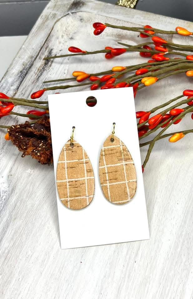 TAN CREAM OUTLINE PLAID TEARDROP LEATHER HANDMADE EARRINGS BY B.O.D