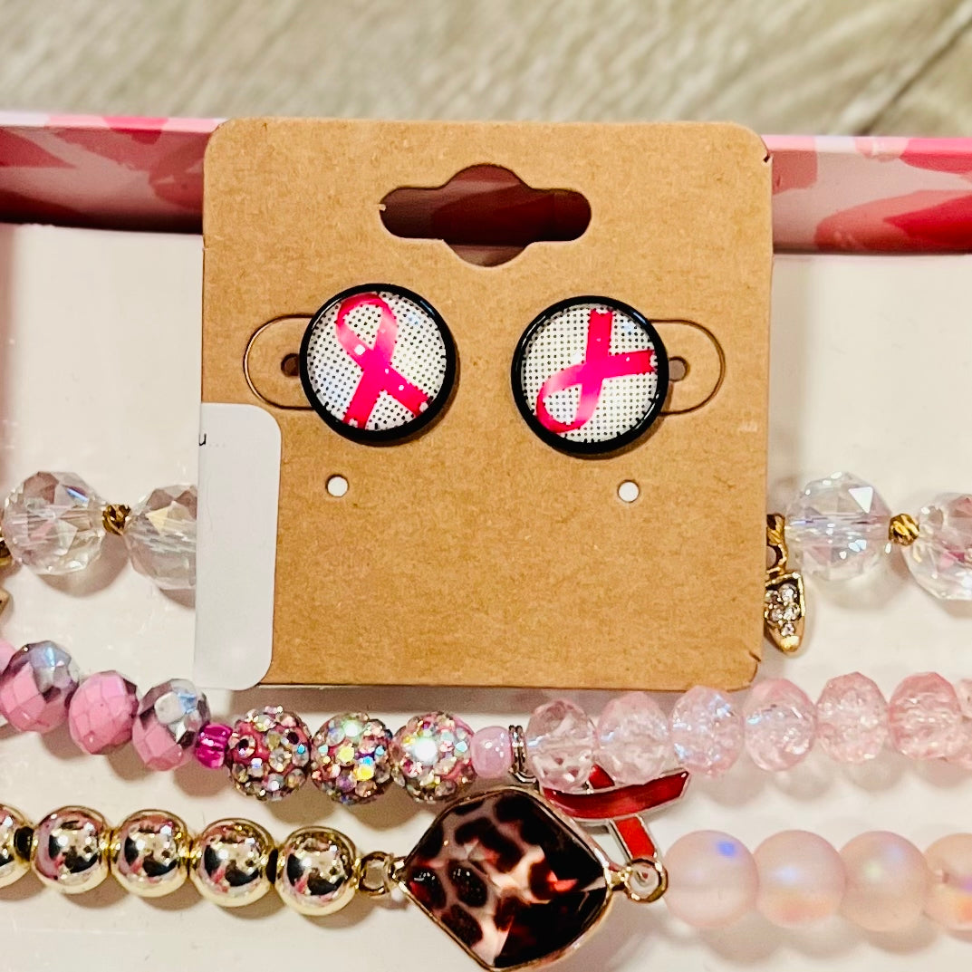 Breast Cancer Ribbon Pink 12mm Glass Stud Earrings- SALE- 1 LEFT