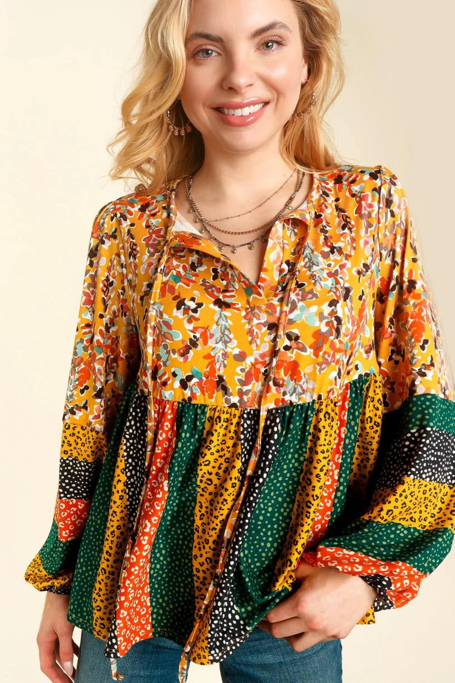 BUTTER SOFT MUSTARD RUST MULTI PRINTED TOP-PLUS