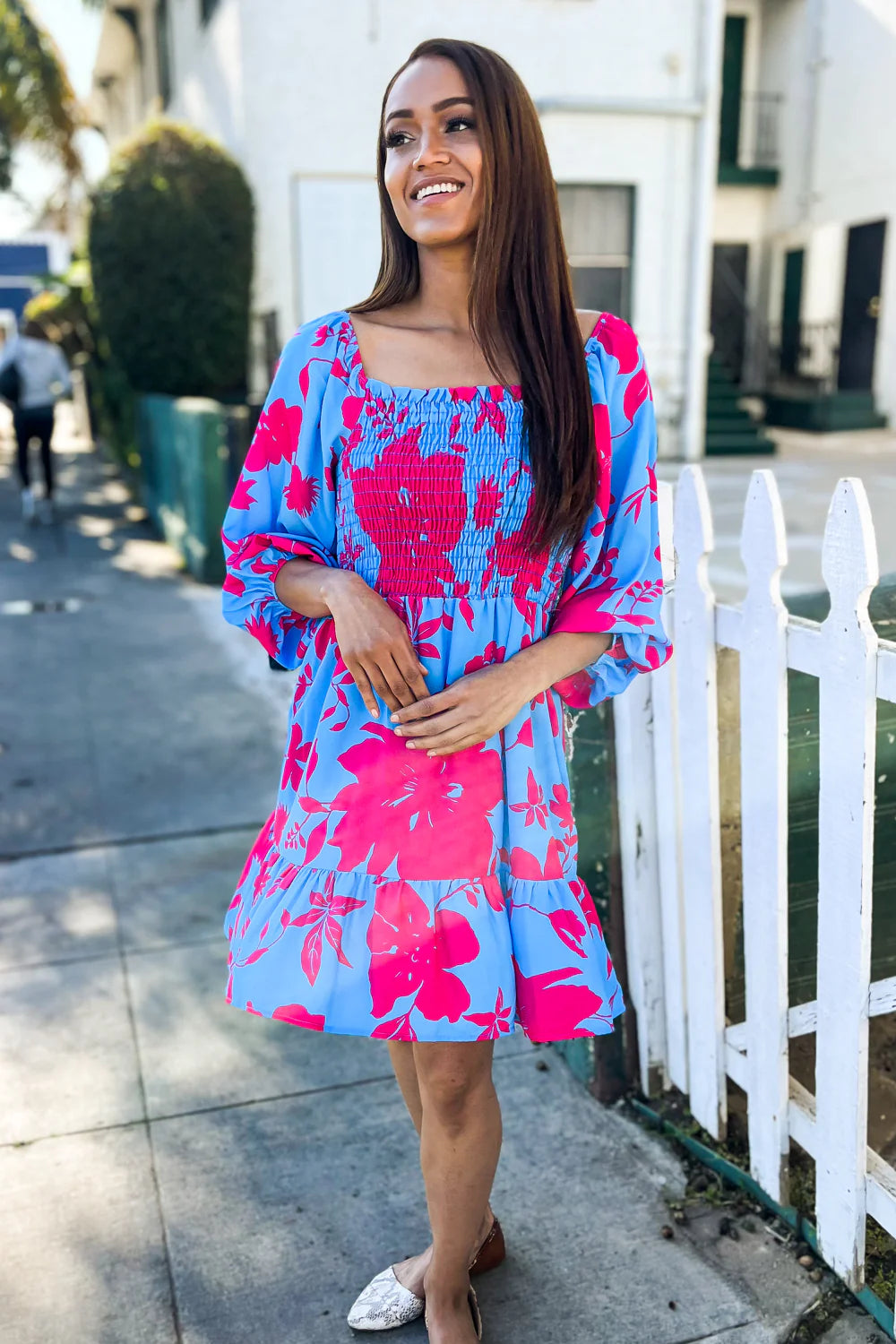 PERIWINKLE BLUE & HOT PINK FLORAL SMOCKED FIT & FLARE DRESS