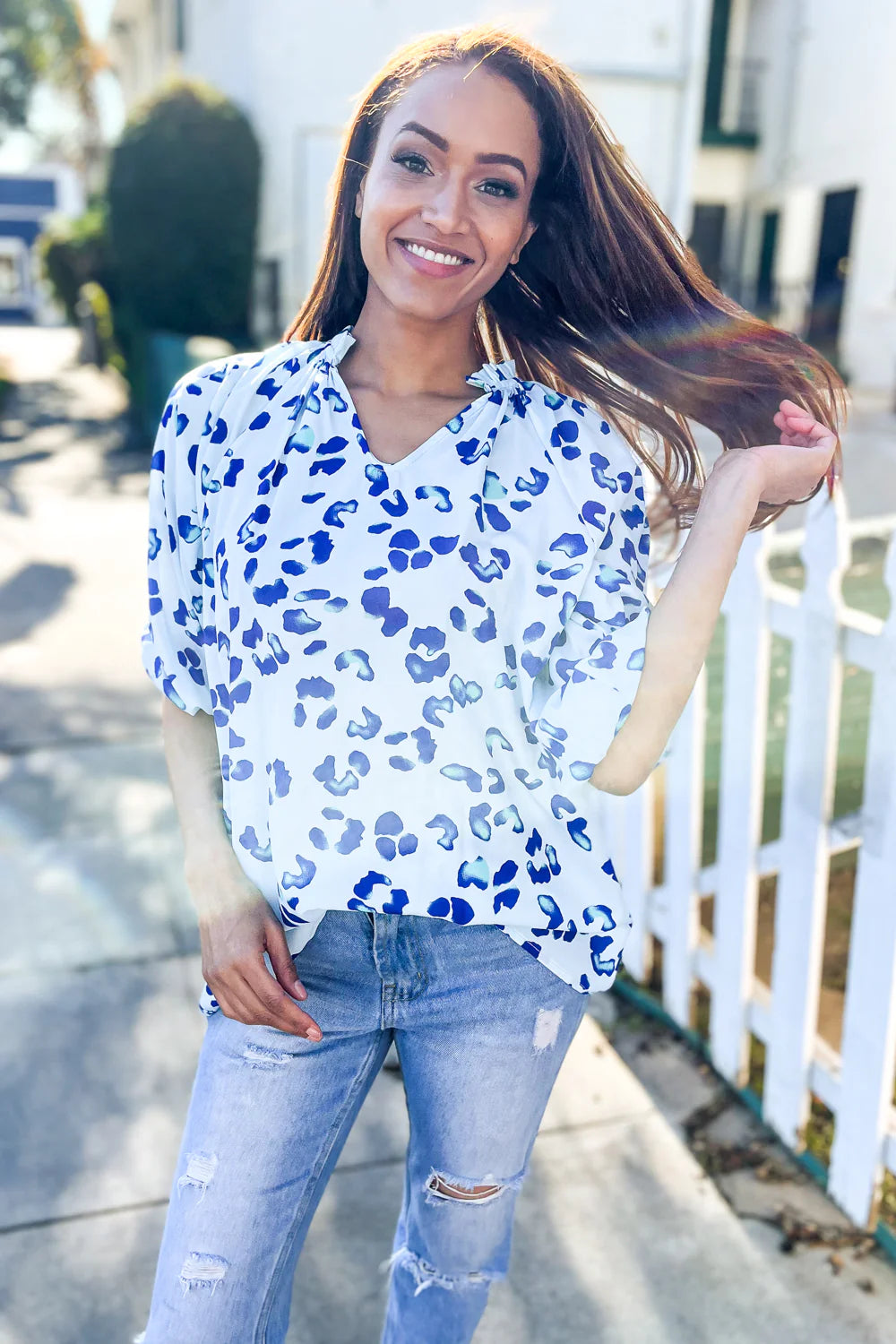 BLUE & IVORY ANIMAL PRINTED DOLMAN BUBBLE TOP-PLUS