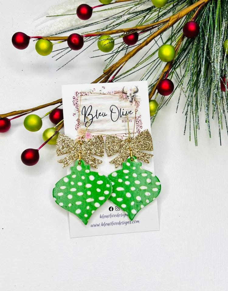 GLITZ & GLAM CHRISTMAS ORNAMENT WITH BOW HANDMADE EARRINGS BY B.O.D