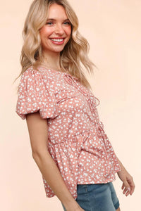 MAUVE WHITE FLORAL FRONT RIBBONS BOW TIE BABYDOLL KNIT TOP-PLUS