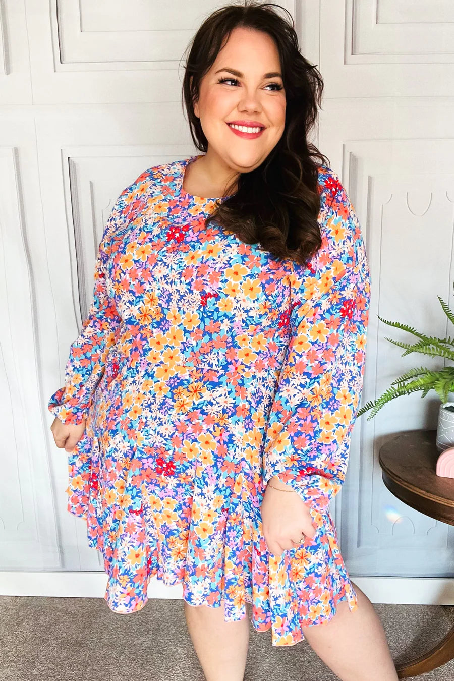 LILAC FLORAL PRINT LONG SLEEVE DRESS-PLUS