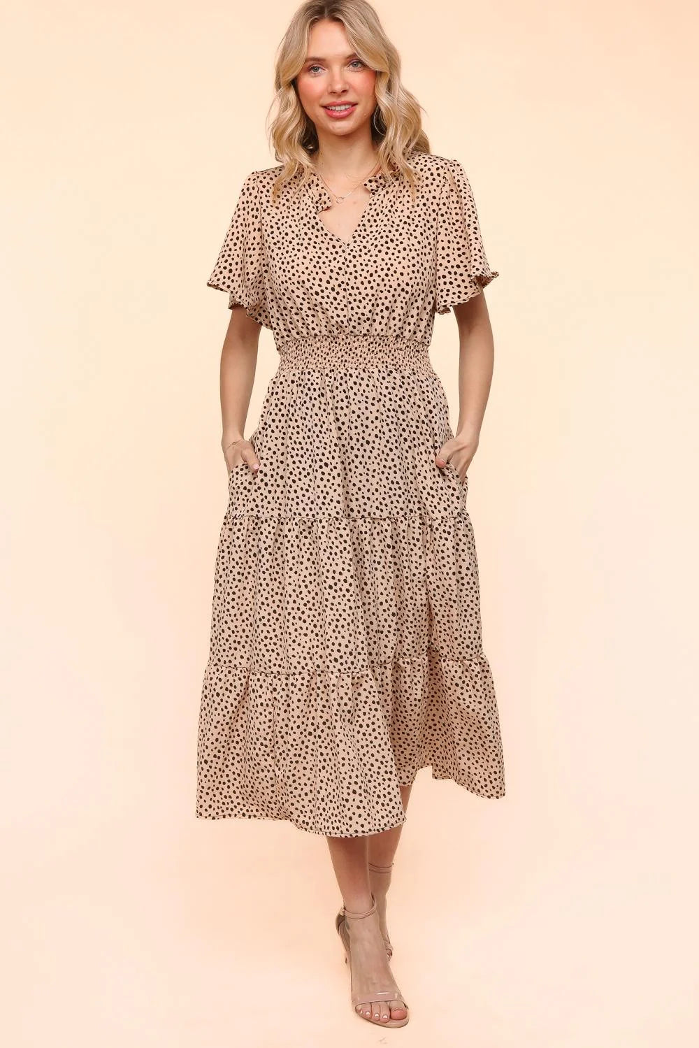 KHAKI TAUPE BLACK ANIMAL DOTTED FIT & FLARE SMOCKED WAIST MAXI DRESS