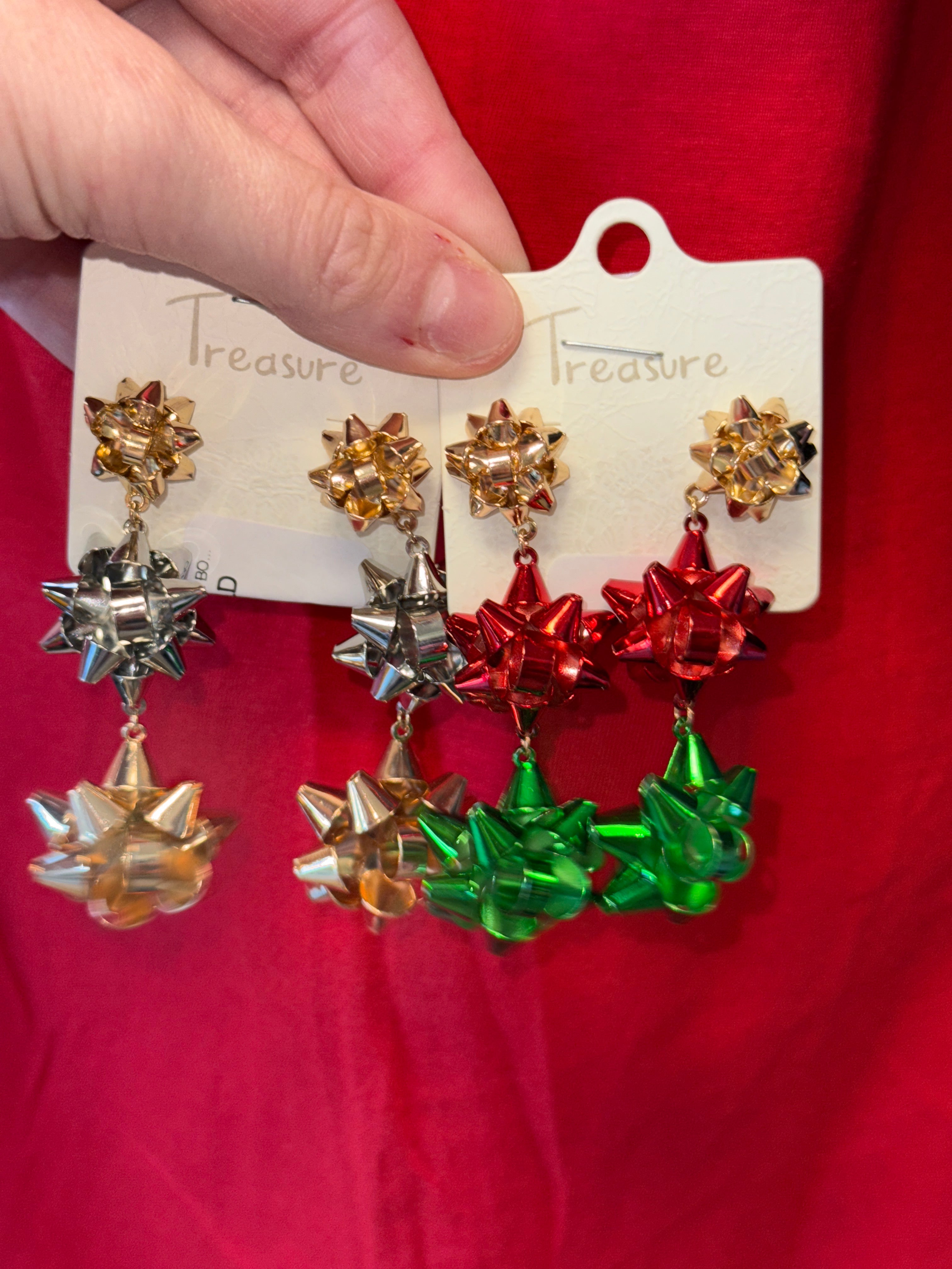 TRIPLE DANGLY CHRISTMAS RIBBON BOW EARRINGS