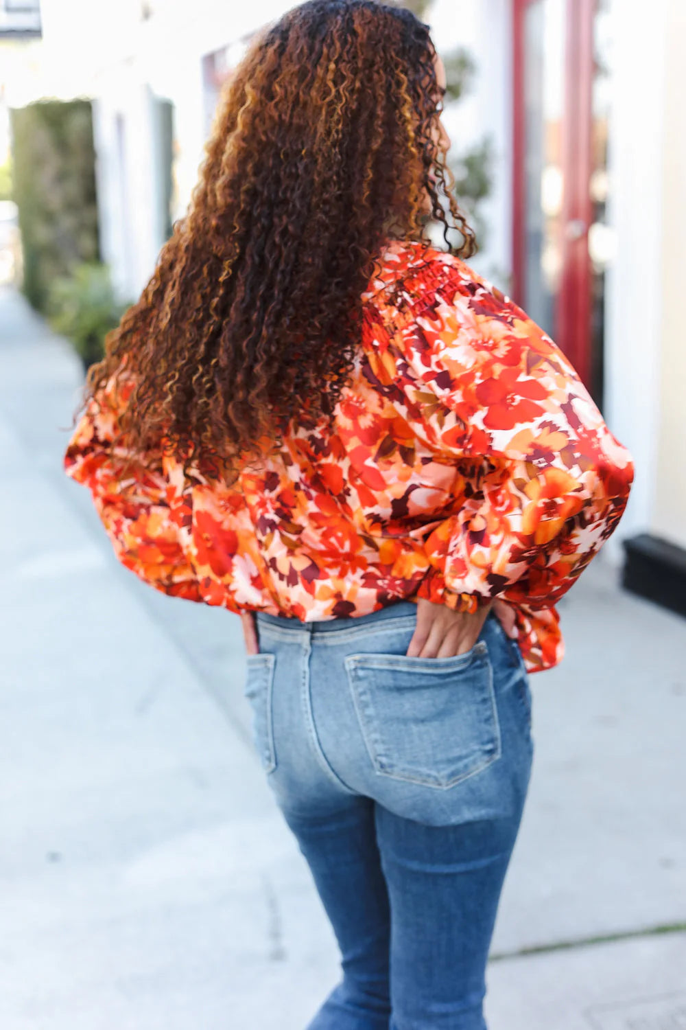 FALL VIBES RUST FLORAL PRINT NOTCHED NECK SMOCKED SATIN BLOUSE-PLUS