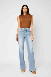JUDY BLUE HIGH WAIST FRONT YOKE RETRO WIDE MEDIUM WASH DENIM
