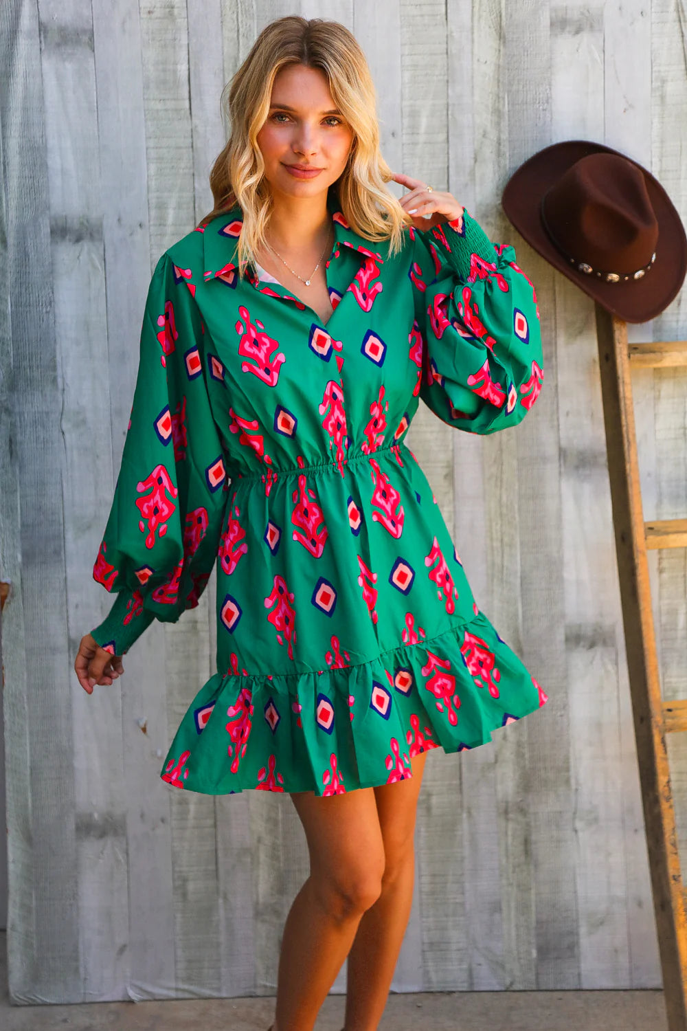ROYAL GREEN PINK MULTI AZTEC TRIBAL SMOCKED CUFF SLEEVES LONGSLEEVE DRESS