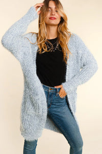 FUZZY HAIRY TWO TONE SIDE POCKET GREY CARDIGAN