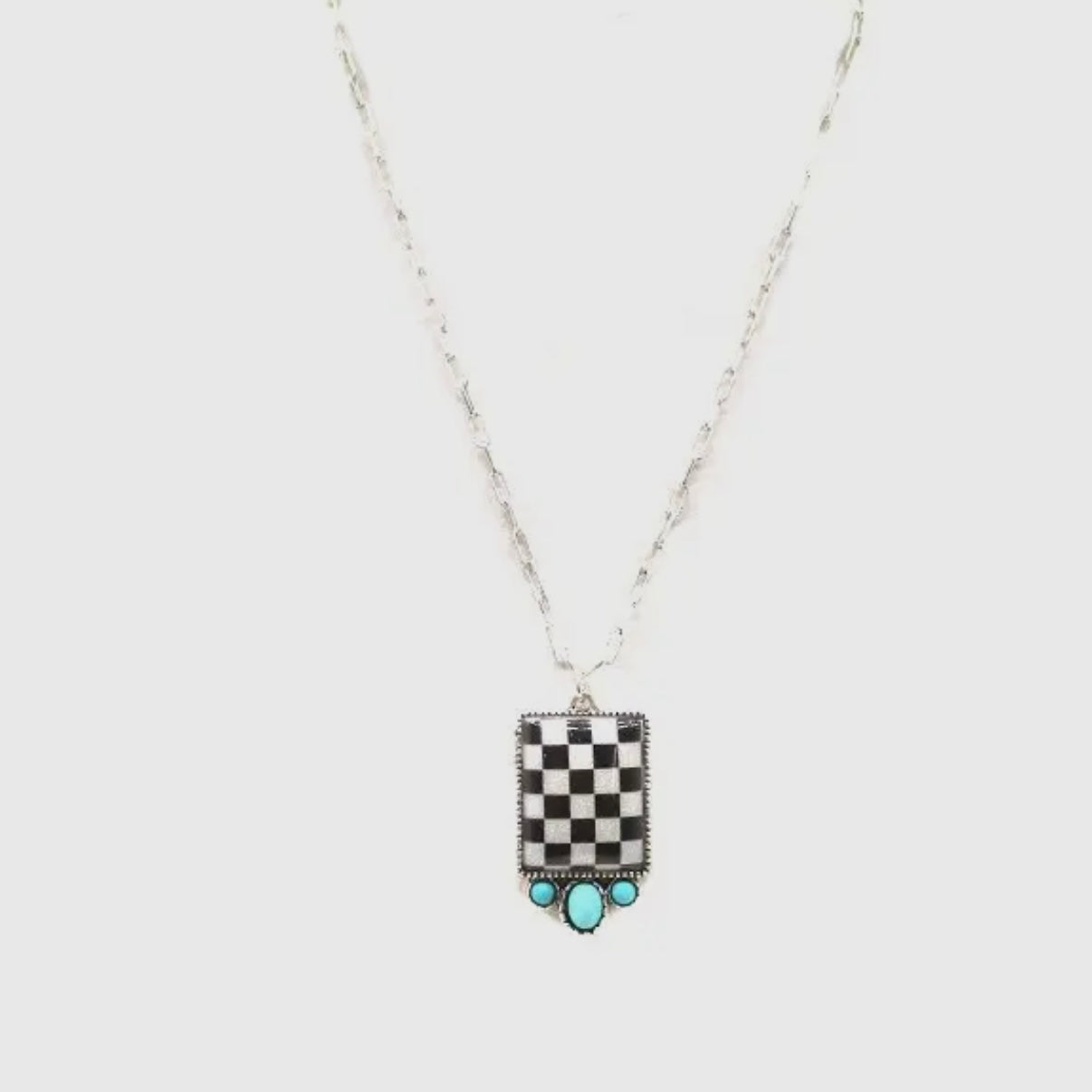 SQUARE SHAPE CHECKERED PRINT TURQUOISE STONE NECKLACE