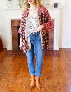 PINK BROWN FLORAL ANIMAL KIMONO-PLUS