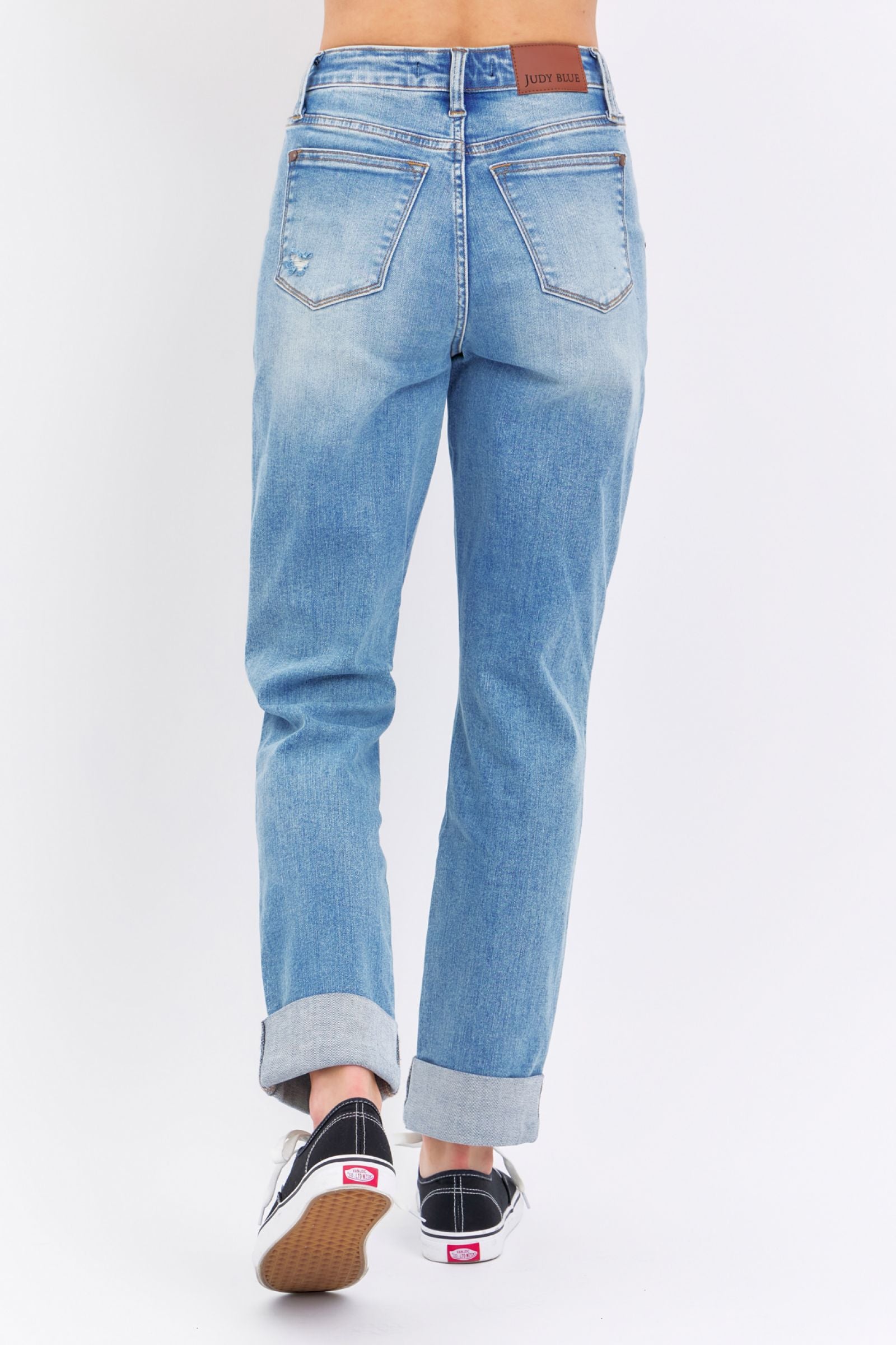 HIGH WAIST PATCH POCKET & DESTROYED BOYFRIEND MEDIUM WASH JUDY BLUE DENIM