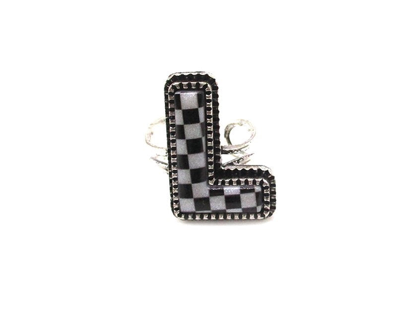 CHECKERED BUBBLE INITIAL BLACK & WHITE ON SILVER ADJUSTABLE CUFF RING