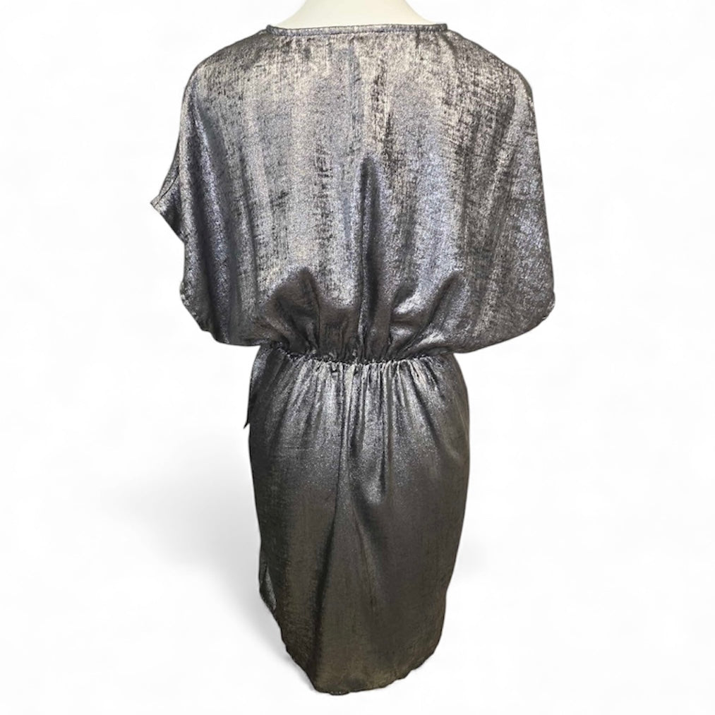 FANCY SILVER VNECK RUCHED-DRAPING SIDES, WAIST-TIE DRESS