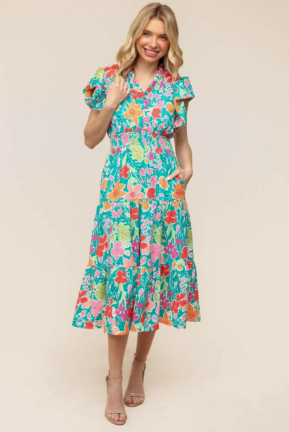 AQUA MINT BLUE CORAL PINK BRIGHT-MULTI MIDI LENGTH FLORAL PRINT SMOCKED WAIST DRESS