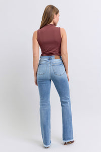 HIGH WAIST MEDIUM WASH BOOTCUT JUDY BLUE DENIM FRAYED HEM