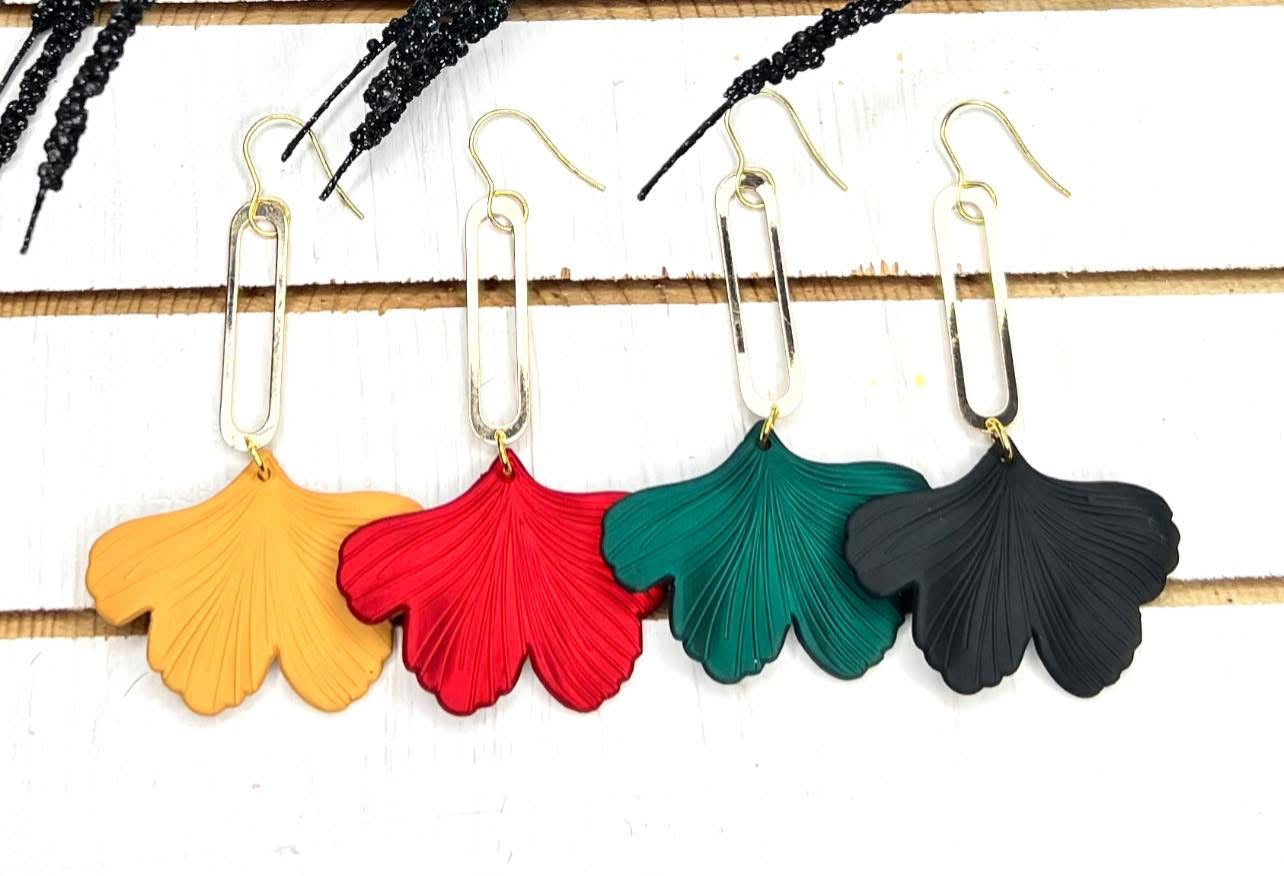GINKGO LEAVES WITH GOLD ELONGATED OVAL HARDWARE HANDMADE EARRINGS BY B.O.D
