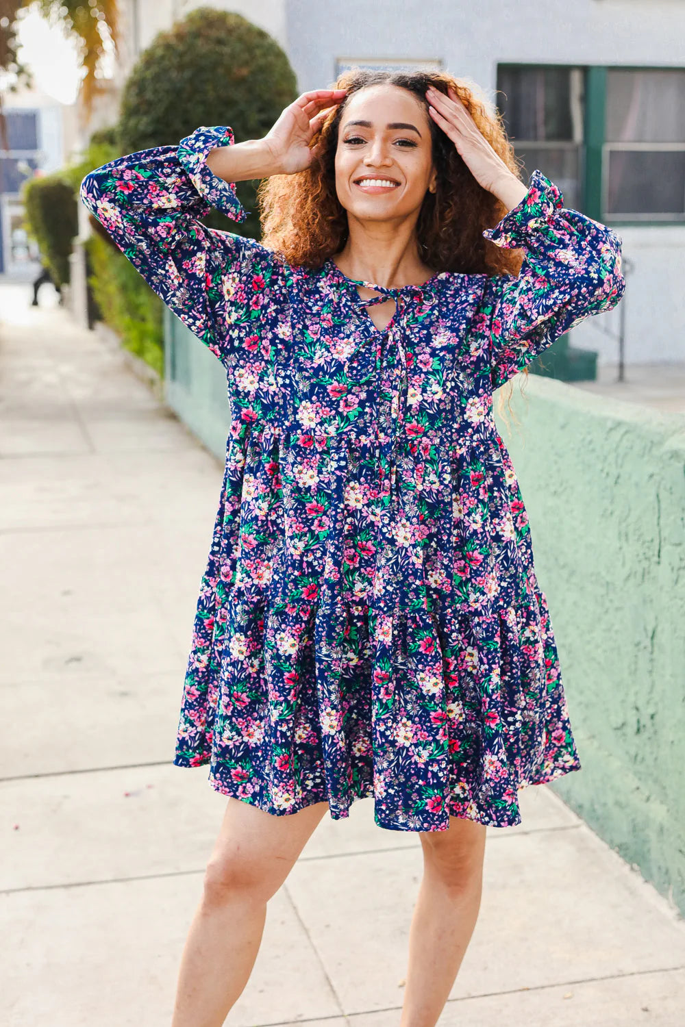 NAVY FLORAL BOW TIE BABYDOLL LONG SLEEVE RUFFLE DRESS
