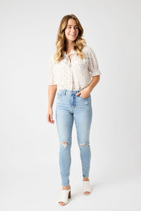 LIGHT WASH MID RISE TUMMY CONTROL DESTROY SKINNY JUDY BLUE DENIM