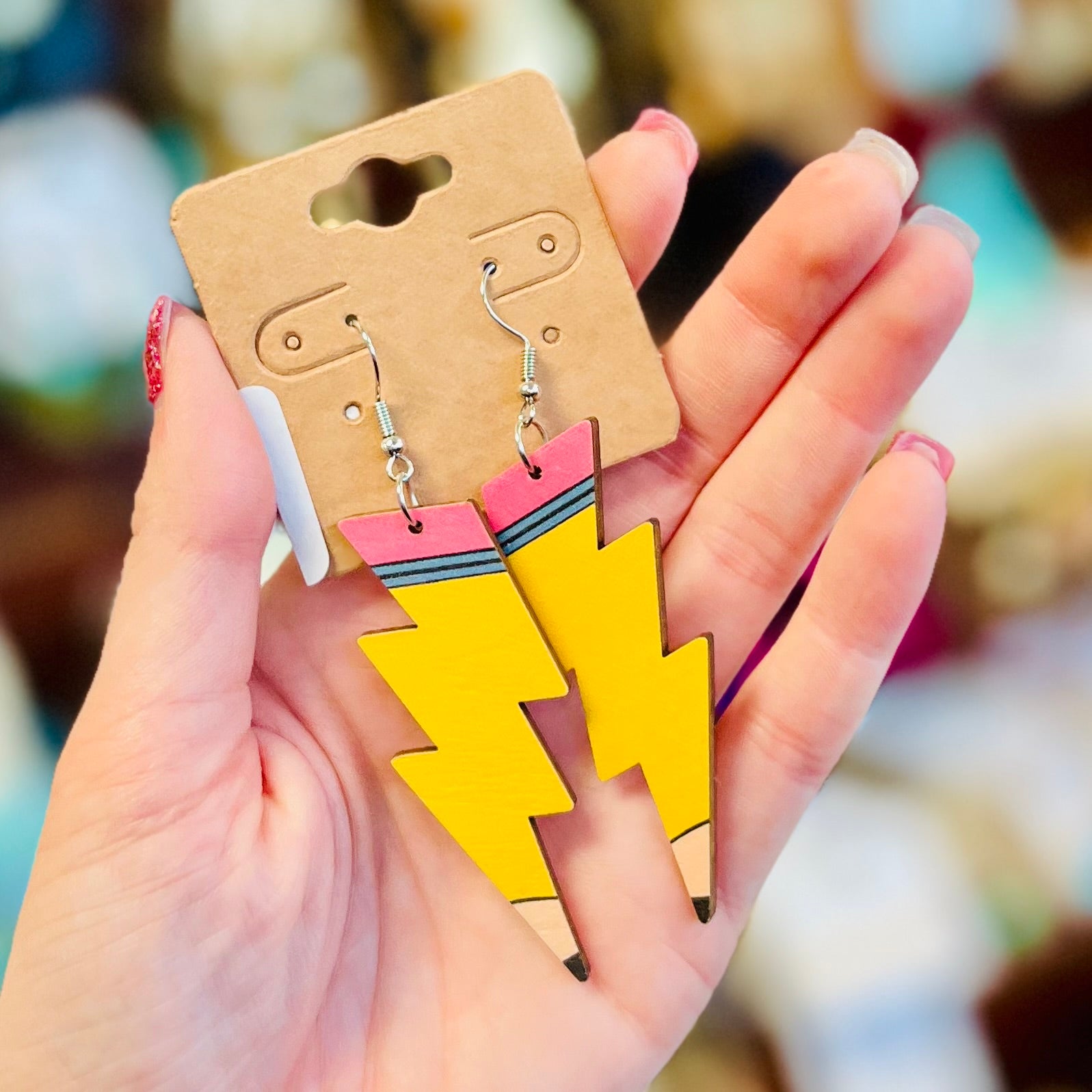 Pencil Lightening Bolt Wooden Earrings