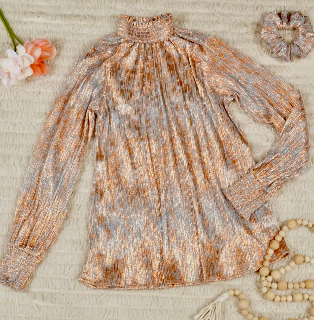 ROSE GOLD METALLIC MOCK NECK PLEATED LONG SLEEVE BLOUSE- SALE