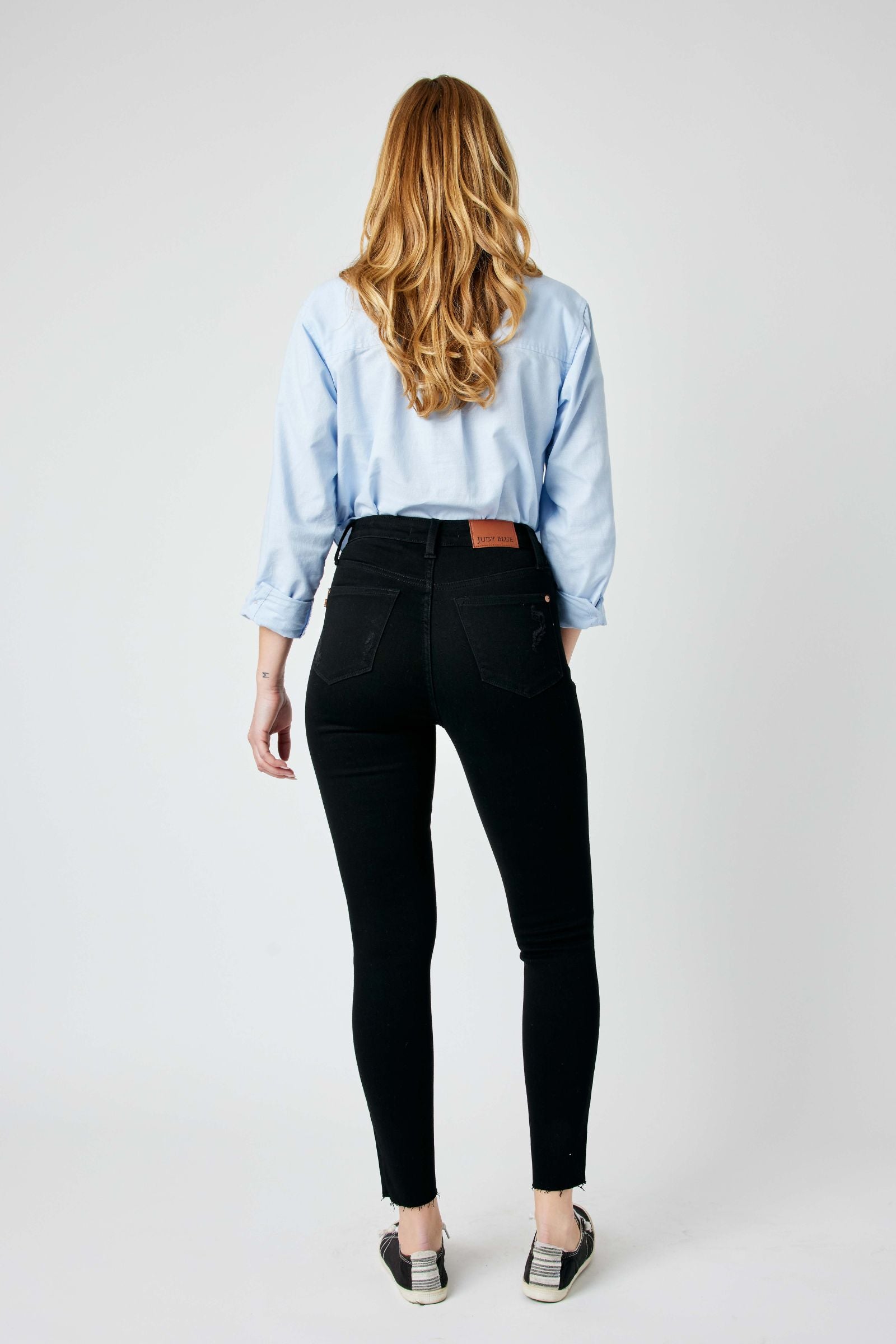 BLACK JUDY BLUE HIGH WAIST HEAVY DESTROYED RAW HEM SKINNY DENIM-PLUS