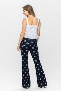 DARKWASH HIGH WAIST ALL OVER STAR PRINT RINSE WASH FLARE JUDY BLUE DENIM