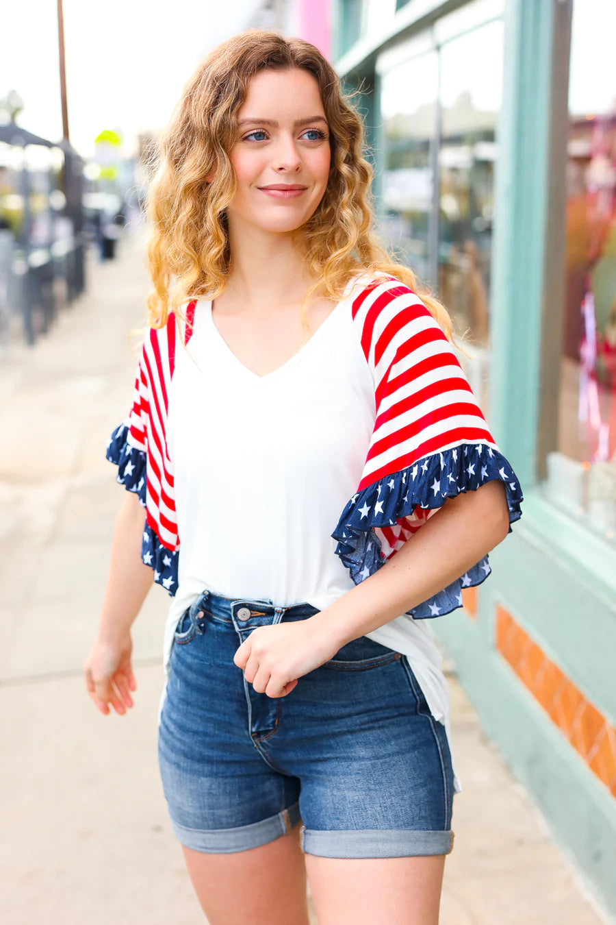 RWB STARS & STRIPES RAGLAN STYLE RUFFLE TOP