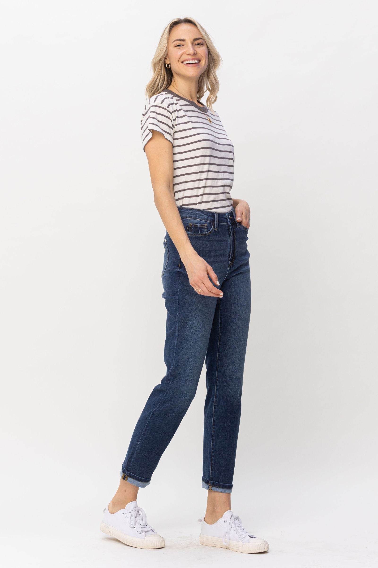 DARKWASH HIGH WAIST COOL DENIM SUSTAINABLE CUFF BOYFRIEND JUDY BLUE DENIM