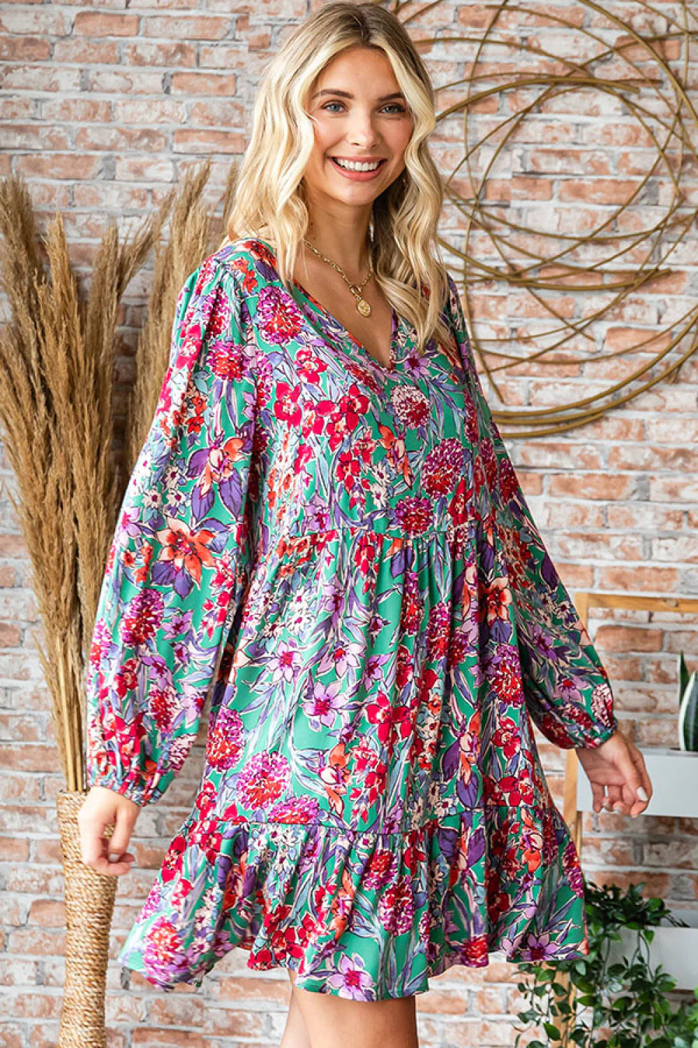 TEAL HOT PINK FLOWERS LONGSLEEVE TIERED DRESS