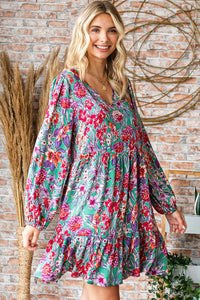 TEAL HOT PINK FLOWERS LONGSLEEVE TIERED DRESS