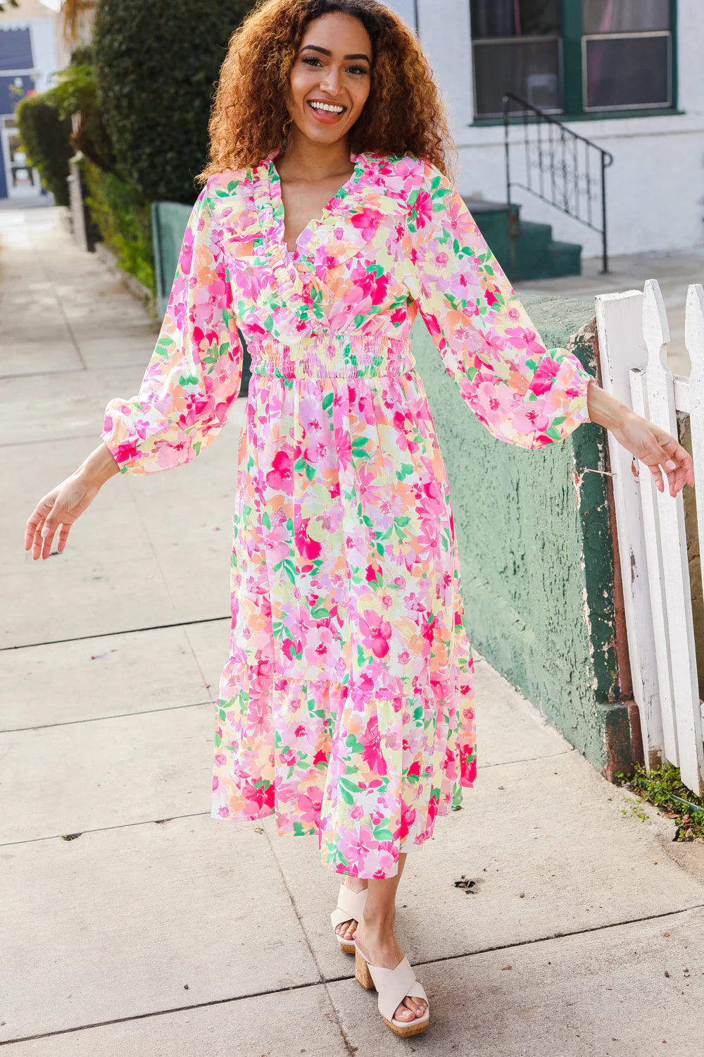 NEON PINK GREEN PEACH FRILLY VNECK RUFFLE SHIRRED WAIST FLORAL MAXI DRESS