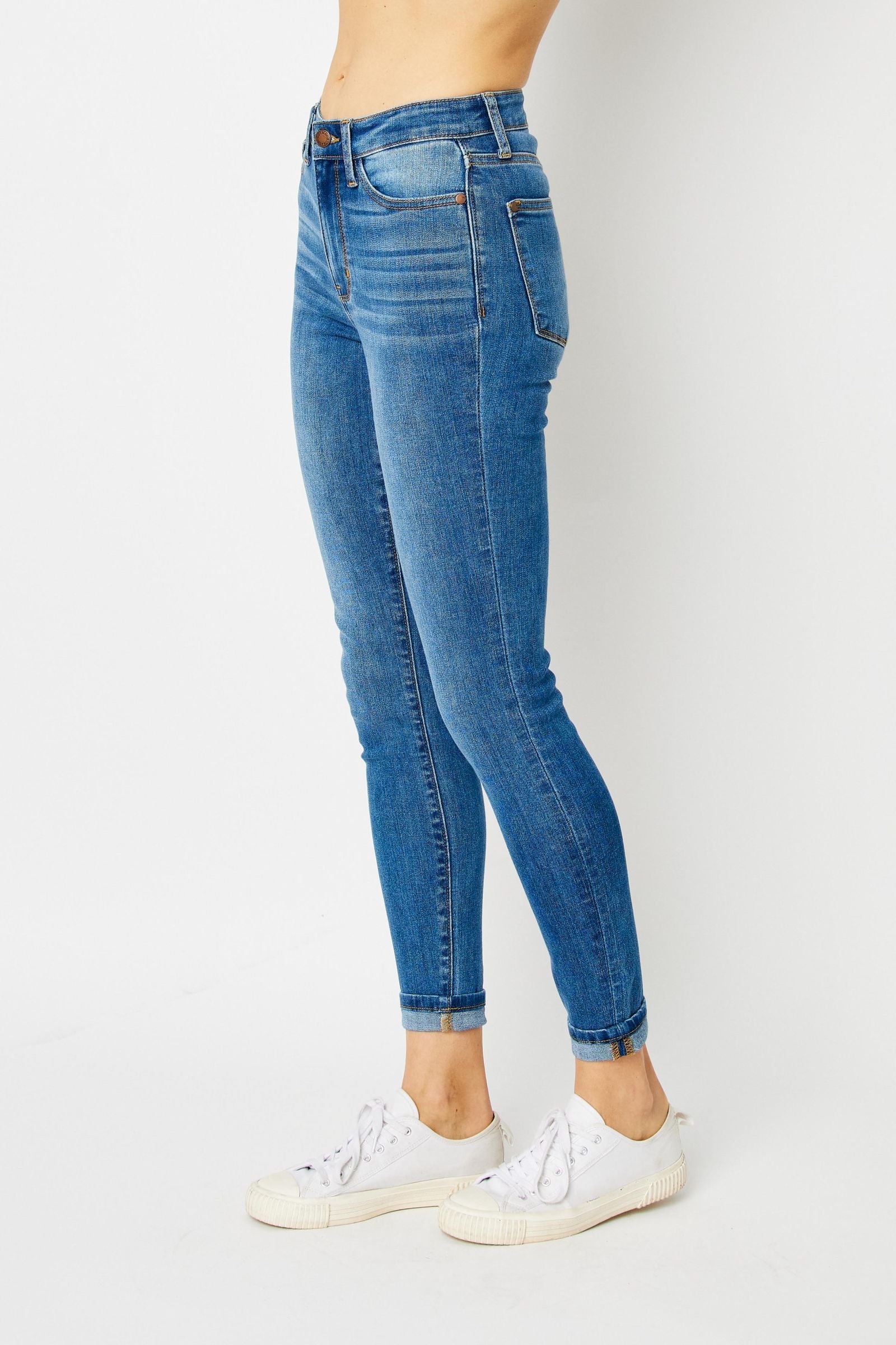 MEDIUM WASH HIGH WAIST CUFFED HEM SKINNY JUDY BLUE DENIM-PLUS