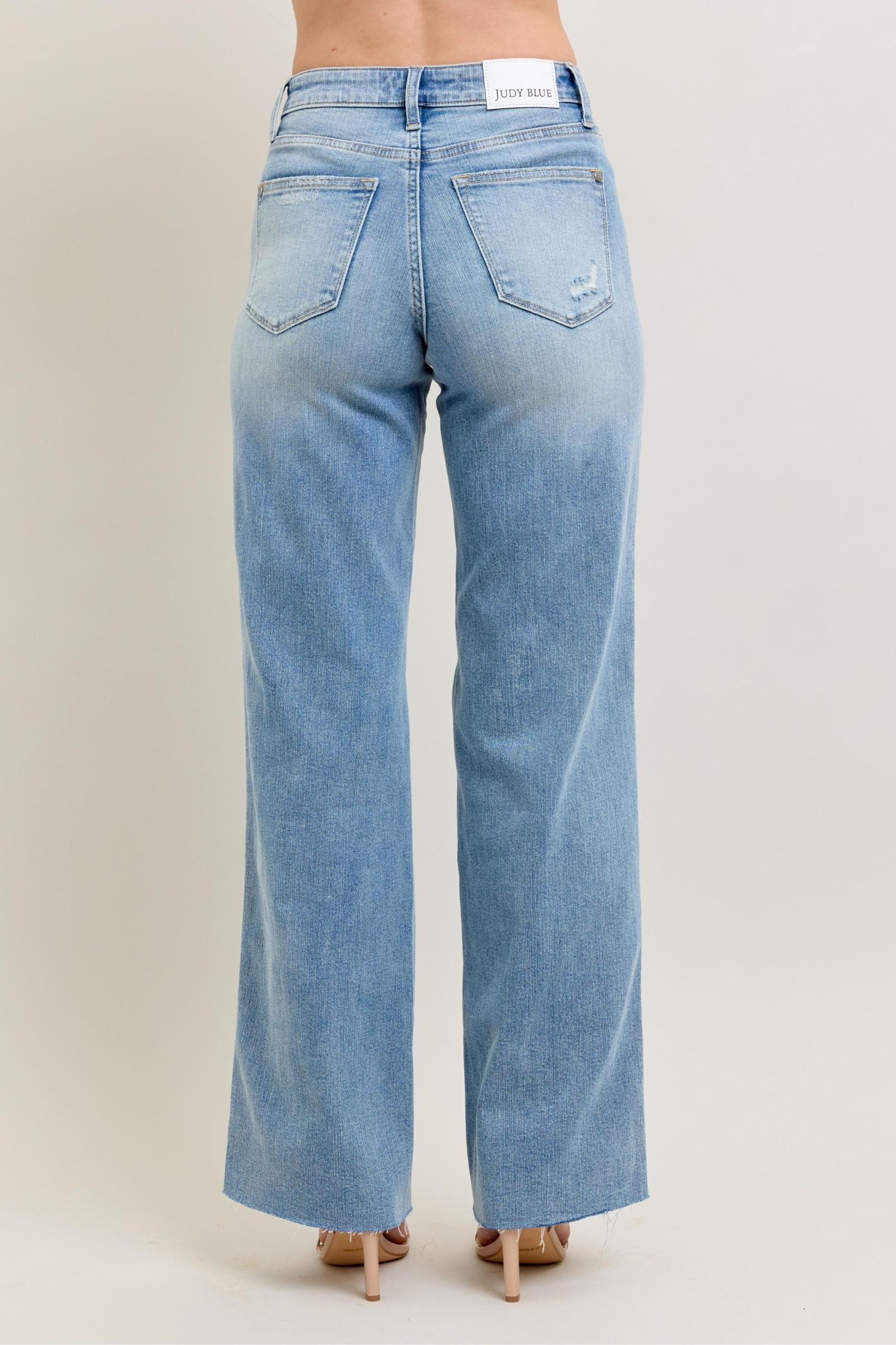 LIGHT WASH MID RISE TUMMY CONTROL DESTROYED WIDE LEG JUDY BLUE DENIM