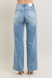 LIGHT WASH MID RISE TUMMY CONTROL DESTROYED WIDE LEG JUDY BLUE DENIM
