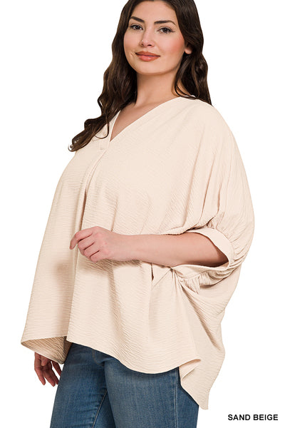 SAND BEIGE WOVEN AIRFLOW V-NECK PUFF HALF SLEEVE TOP -PLUS